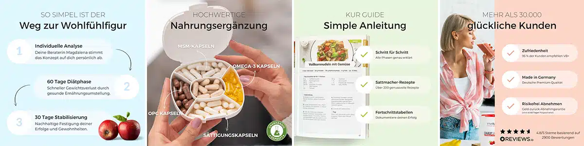 Banner-vitalbody+ Vitalbody+ Banner mit Infos zur Stoffwechselkur, hochwertigen Nahrungsergänzung, einfachem Kur-Guide und über 30.000 zufriedenen Kunden.