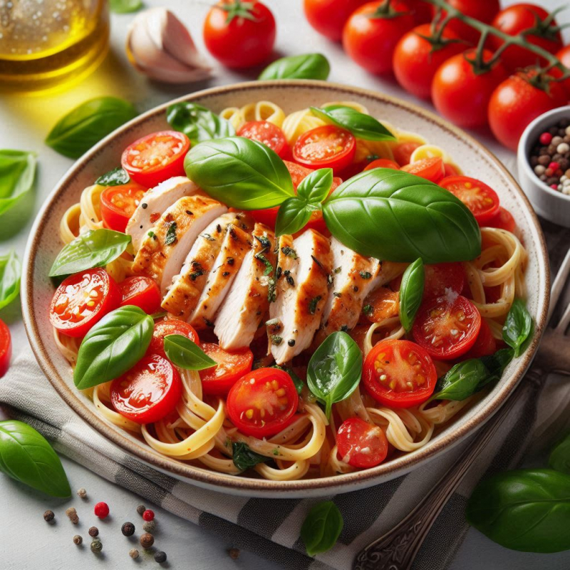 Gesunde Tomaten Basilikum Hähnchen Pasta Gesunde Tomaten-Basilikum-Hähnchen-Pasta mit frischen Cherrytomaten, gegrilltem Hähnchenbrustfilet und frischem Basilikum.