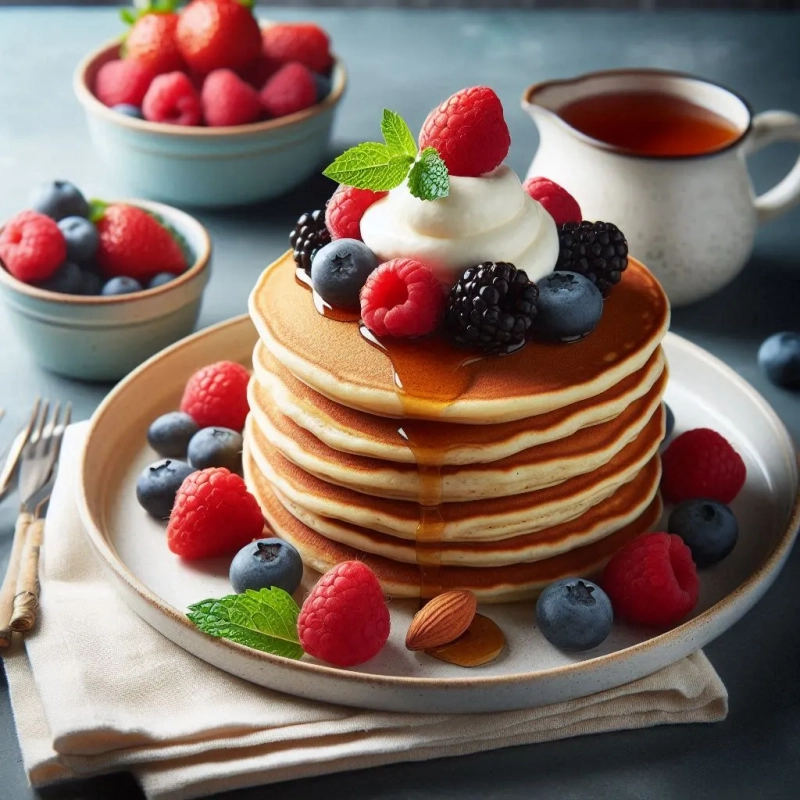 Keto-Pfannkuchen gestapelt mit frischen Beeren, Nüssen, Sahne und Ahornsirup – Low Carb Frühstücksrezept.